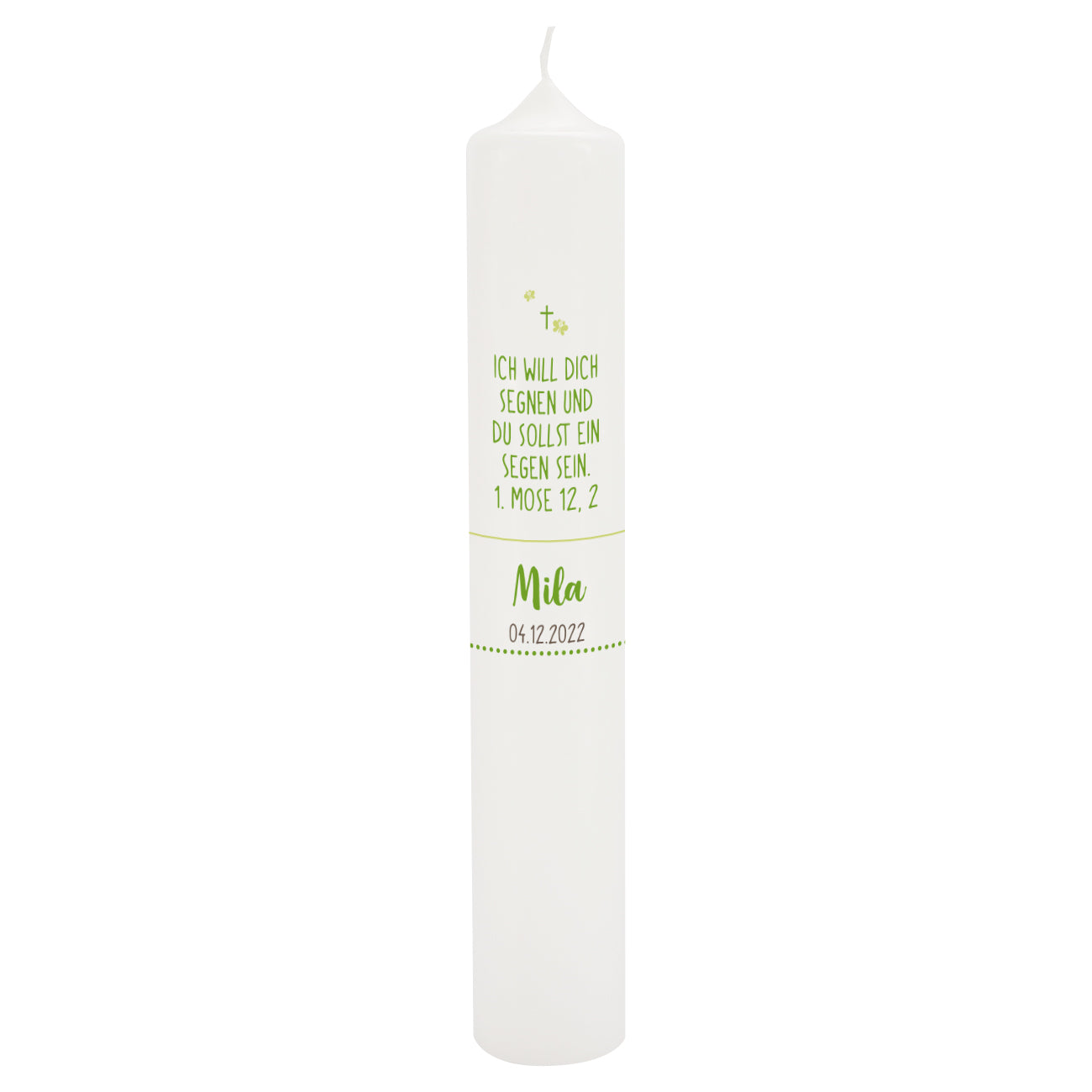 personalisierte Taufkerze (6x38cm) mit Name, Datum und Wunschtext/Psalm bedruckt
