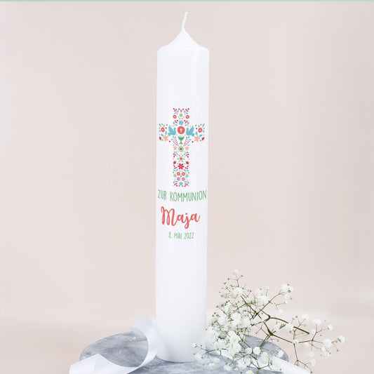 bedruckte Kommunionkerze mit Name, Datum, Spruch/ Psalm und buntem Kreuz 