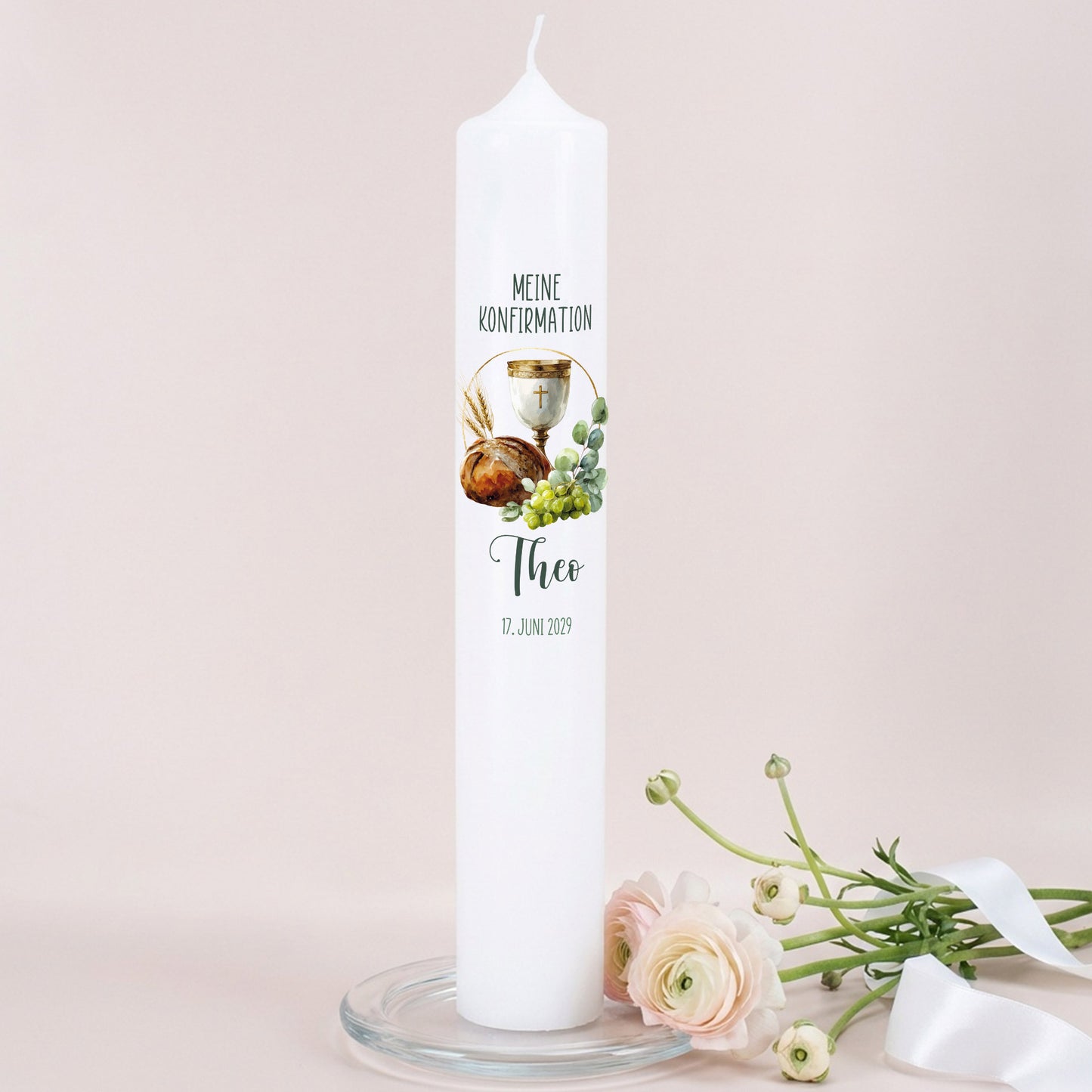 XXL Kerze zur Konfirmation in Weiß mit Schriftzug „Meine Konfirmation“, Aquarellmotiv Kelch und Brot mit Ähren und Trauben, personalisiert mit Name und Datum