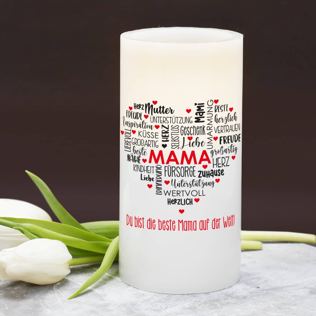 LED Echtwachskerze zum Muttertag mit Text personalisiert