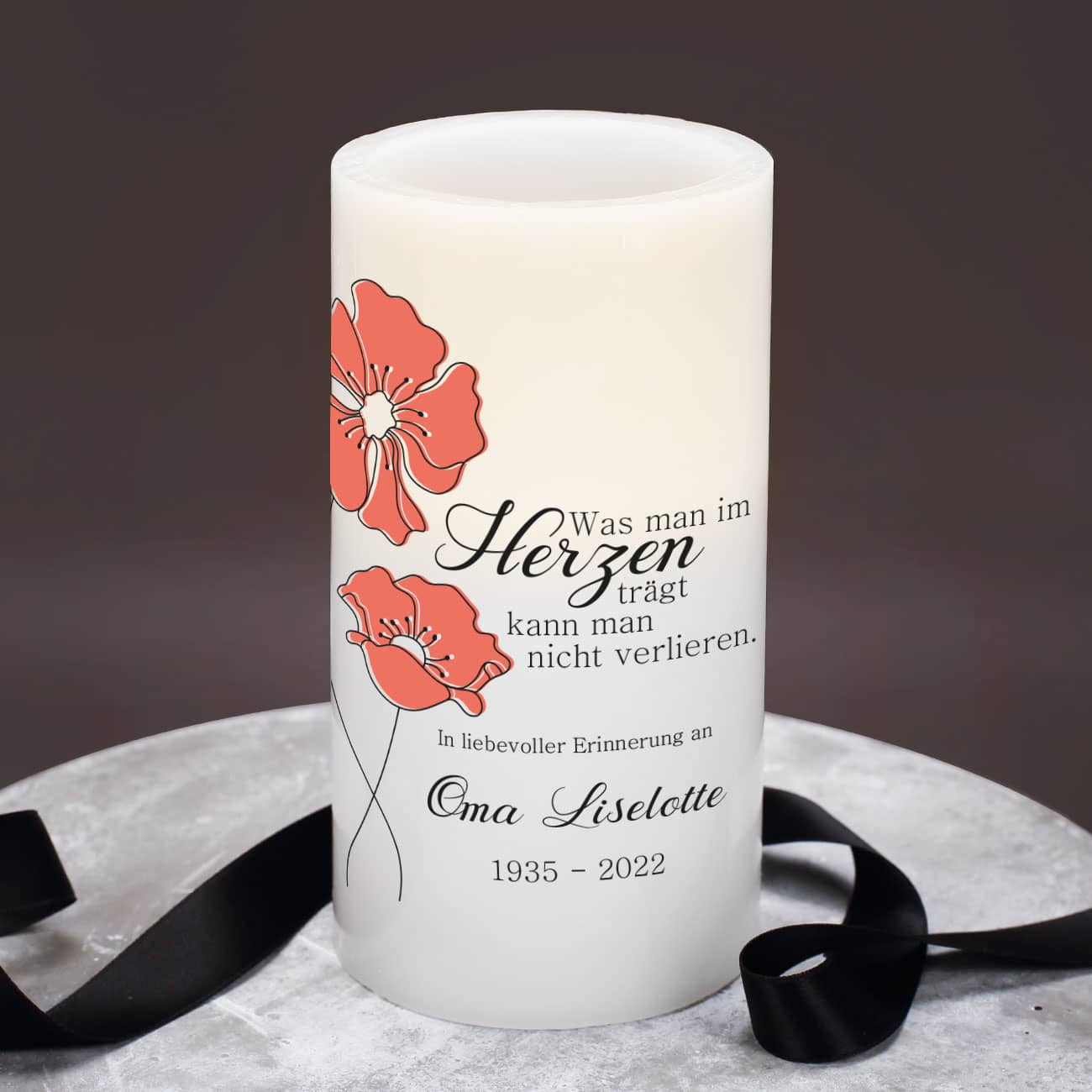 Mohnblumen Motiv auf Trauerkerze mit Personalisierung