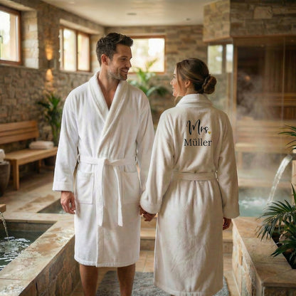 Bademantel zur Hochzeit - Mrs mit Name bestickt