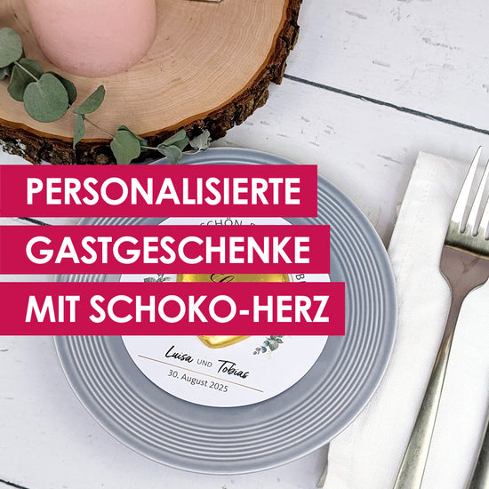 Personalisiertes Gastgeschenk zur Hochzeit 💍 | runde Karte im Eukalyptus-Design und mit Lindt-Herz personalisieren