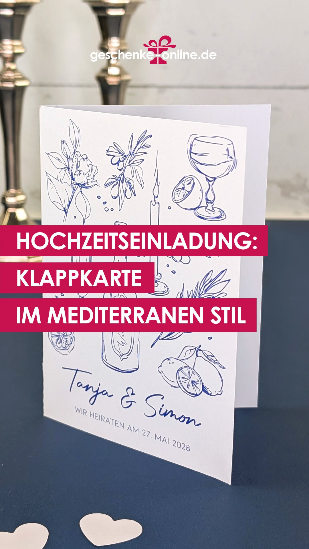 mediterrane Hochzeitseinladung als Klappkarte in verschiedenen Farben
