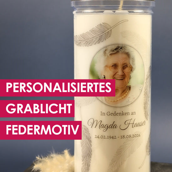 Grablicht personalisiert mit Foto, Name und Datum. Motiv Federn