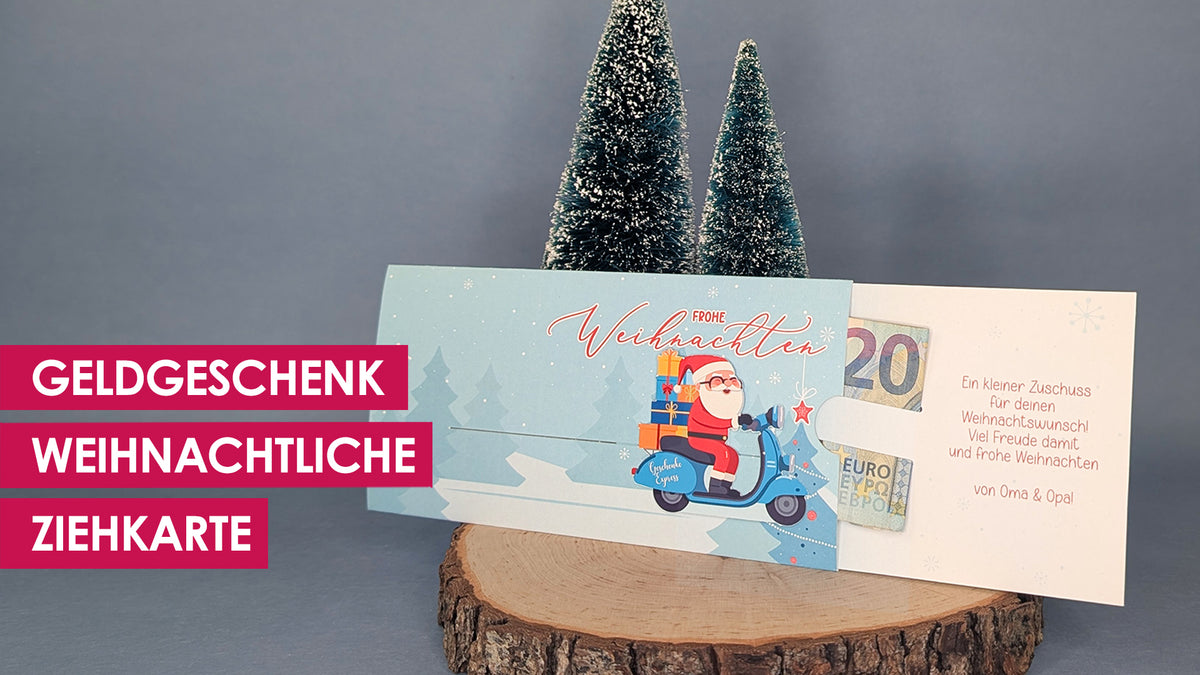 Weihnachtliche Ziehkarte mit fahrenden Weihanchtsmann auf Moped, Namen und Wunschtext