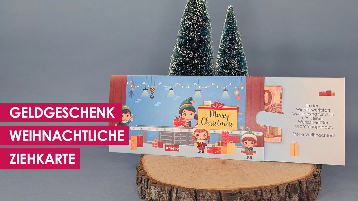 Weihnachtliche Ziehkarte mit Wichtelwerkstatt und bewegendem Geschenk "Merry Christmas". Name, Wunschtext, Geldschlitze.