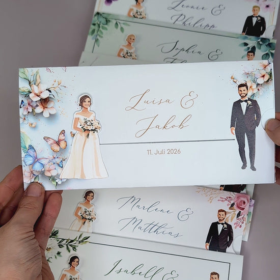Hochzeitseinladung – Ziehkarte mit Brautpaar und Schmetterling-Motiv