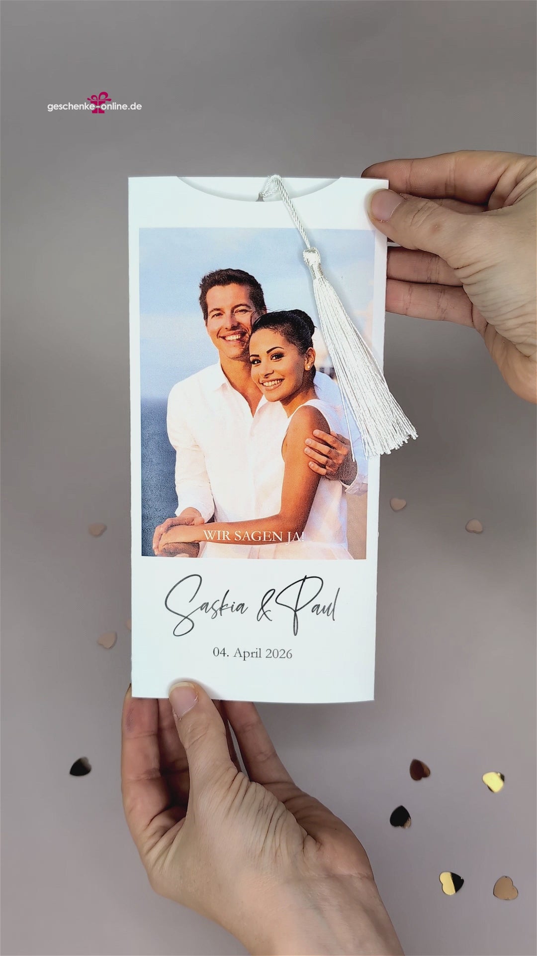 Hochzeitseinladung – Ziehkarte mit Foto und Kordel