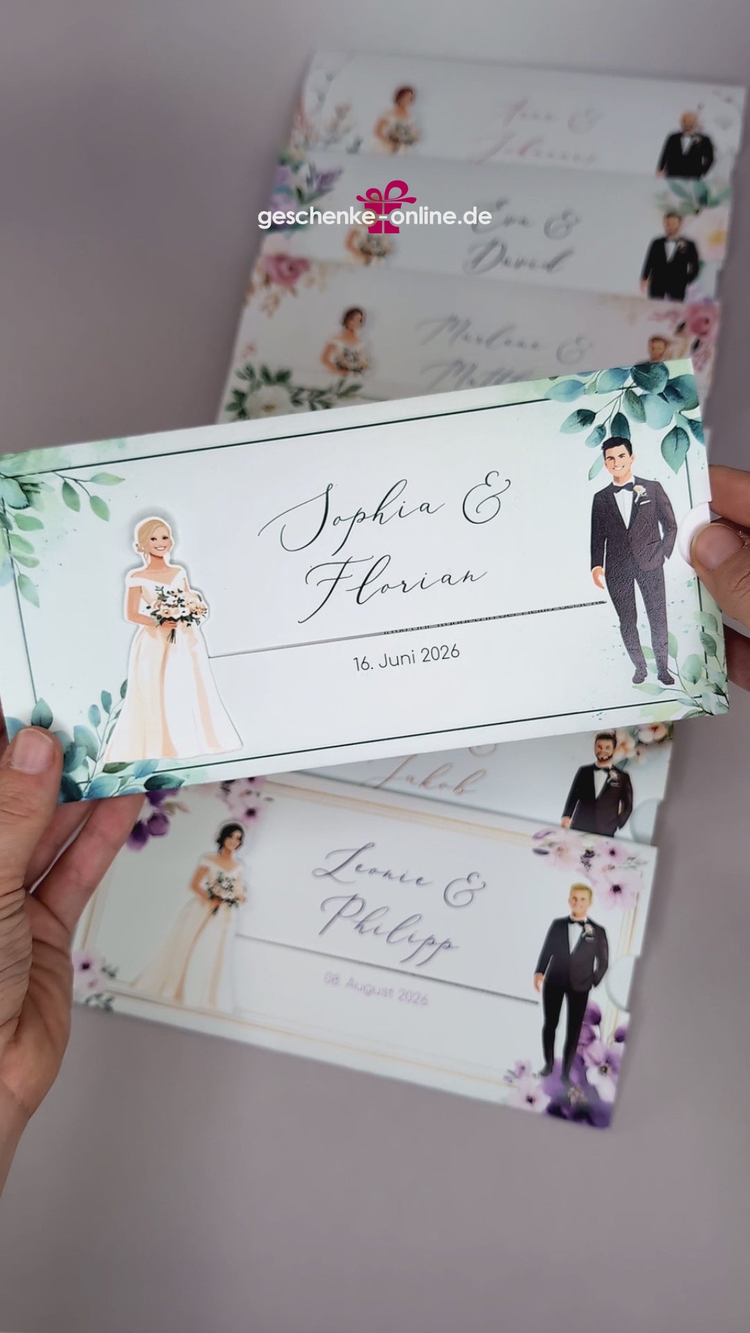 Hochzeitseinladung – Ziehkarte mit Brautpaar und Zweigen-Motiv