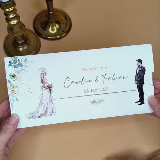 Einladung zur Hochzeit - Ziehkarte mit Brautpaar