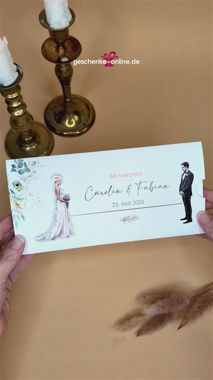 Einladung zur Hochzeit - Ziehkarte mit Brautpaar