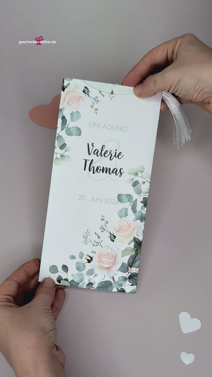 Hochzeitseinladung – Ziehkarte mit Rosen-Motiv und Einschieber