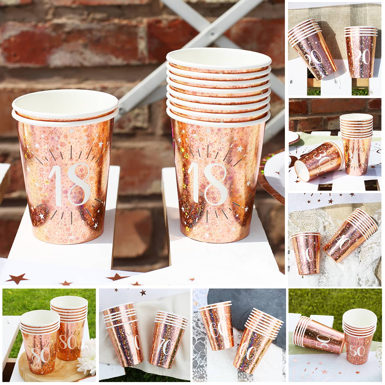 10 Pappbecher in  rose mit Glitzereffekt vom 18.-80. Geburtstag
