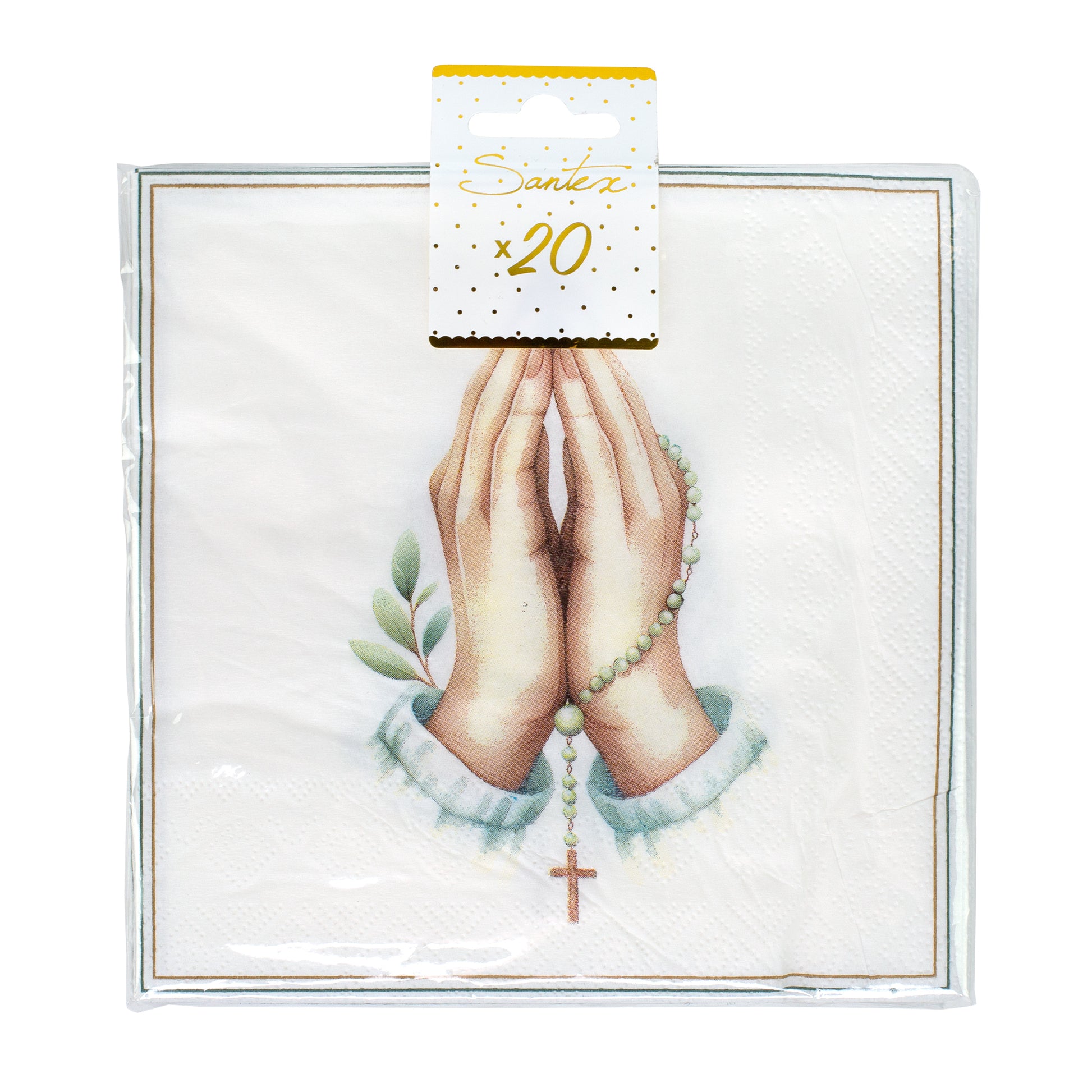 Verpackte Servietten im 20er Pack mit betenden Händen, Rosenkranz und Kreuz Motiv