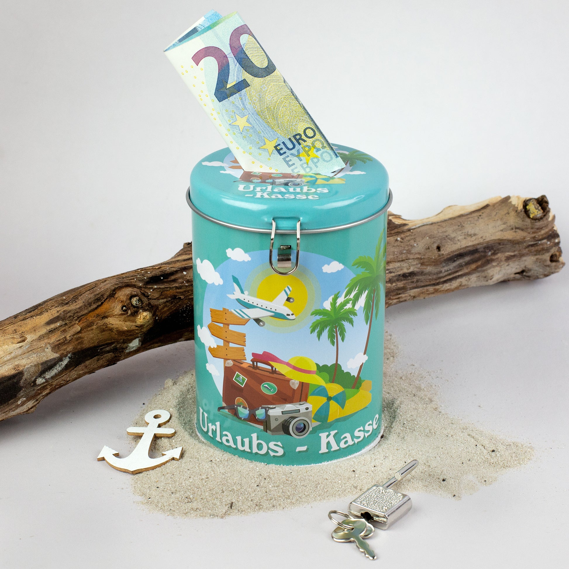 Metallspardose Urlaubskasse mit 20-Euro-Schein, türkis mit Urlaubs-Motiv