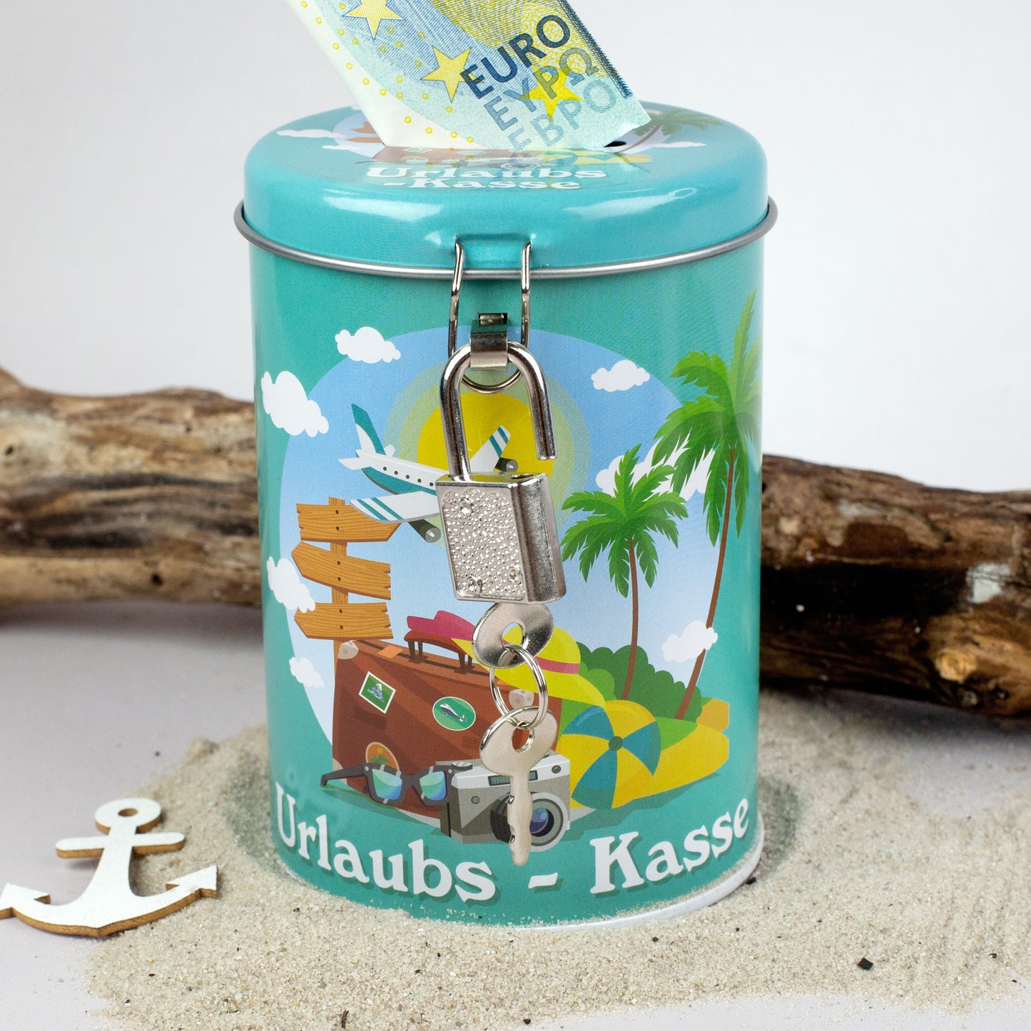 Runde Spardose Urlaubskasse mit Schloss und Schlüssel, bunt bedruckt mit Palmen und Koffer