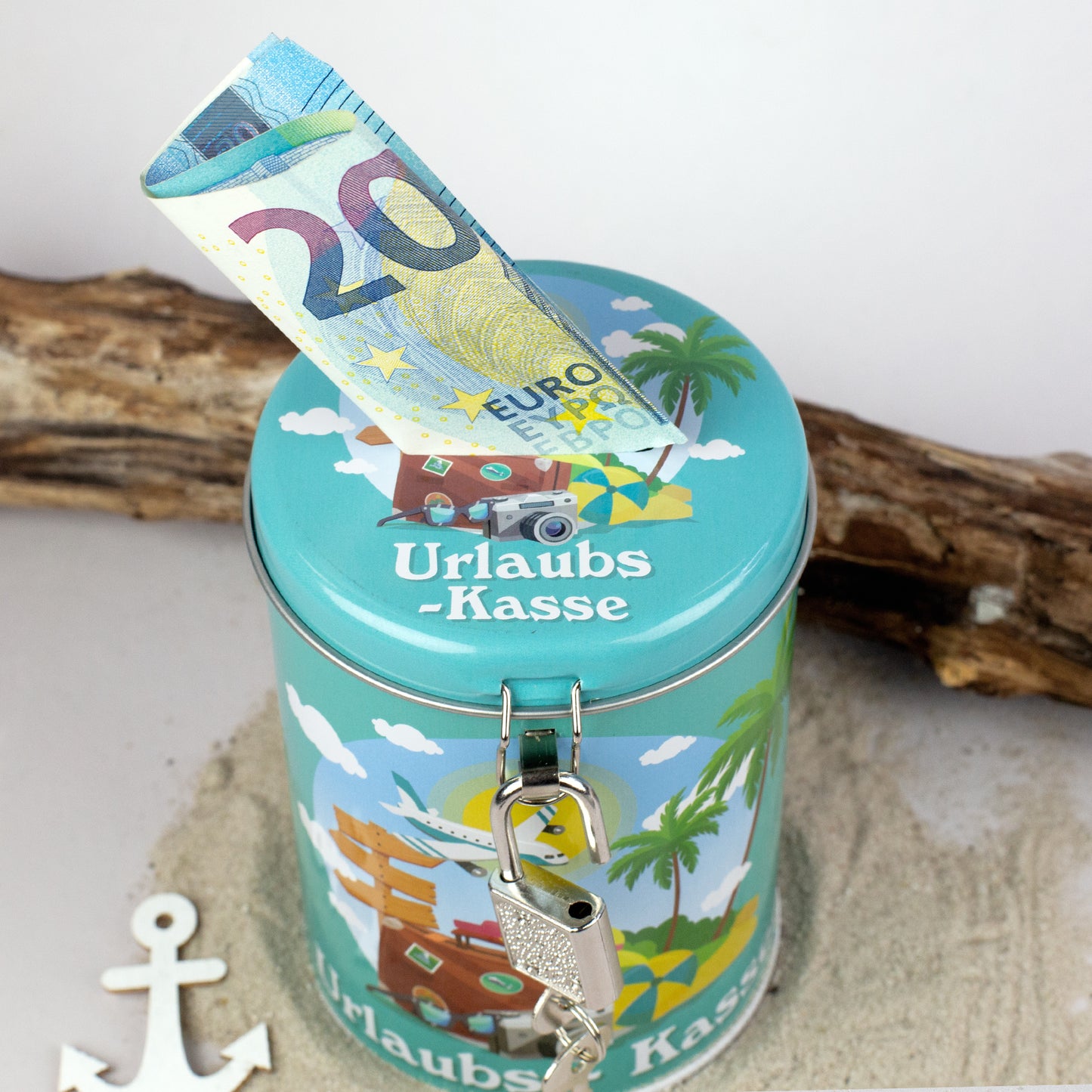 Urlaubskasse Metallspardose mit Einwurfschlitz und Geldschein im Deckel