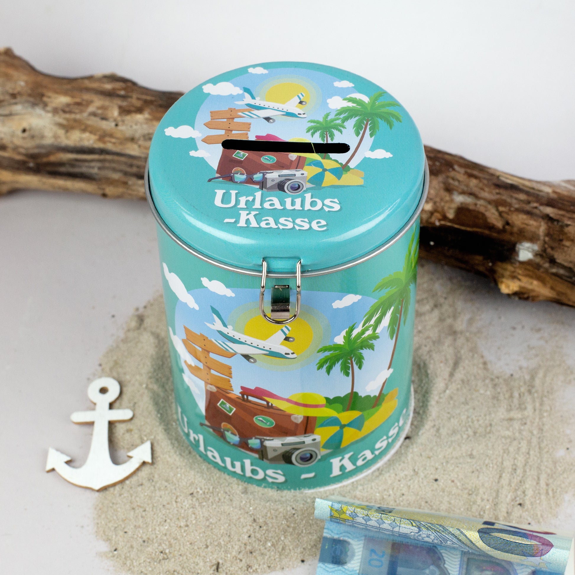 Bedruckte Spardose Urlaubskasse mit Palmenmotiv und Schriftzug „Urlaubskasse“