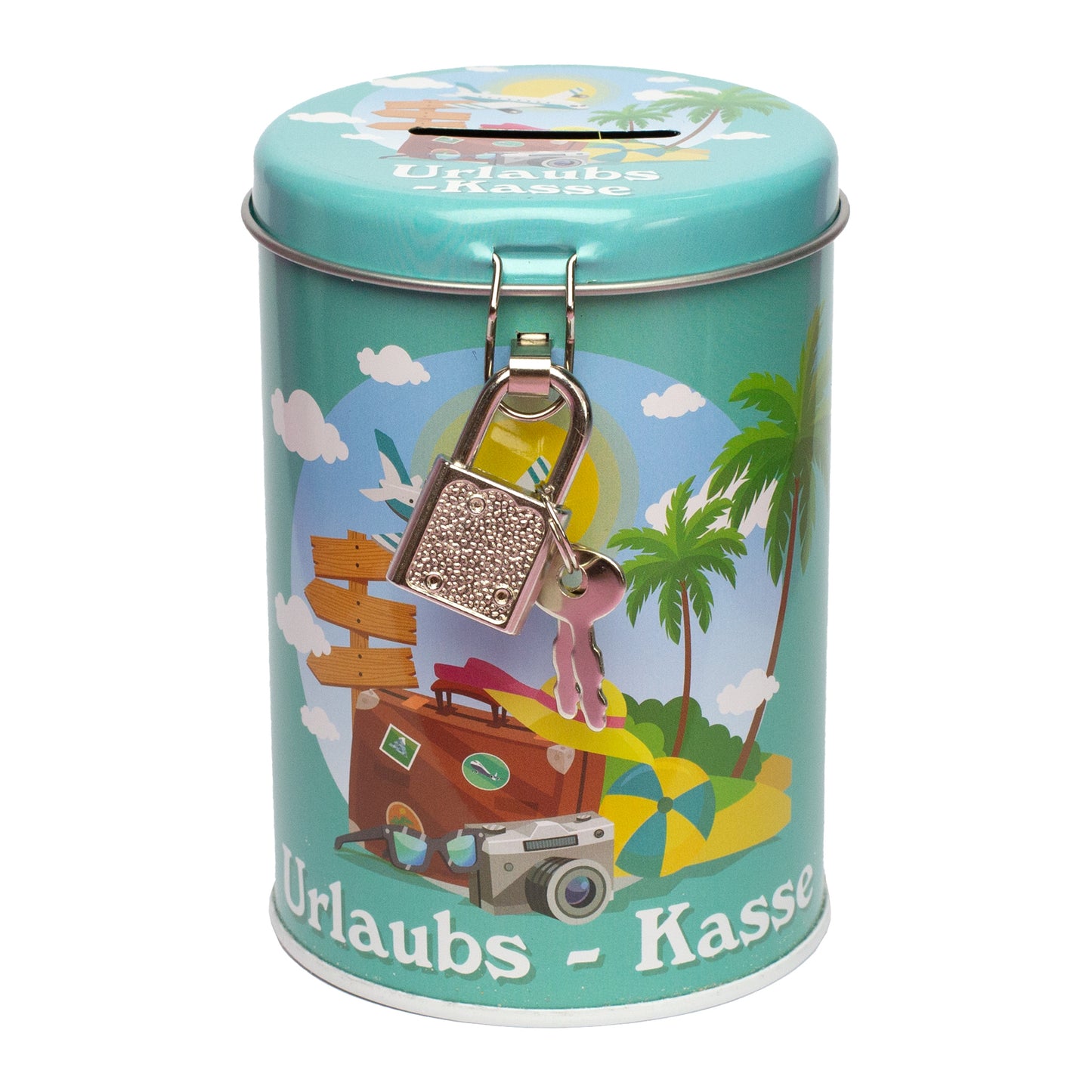Produktaufnahme Metallspardose Urlaubskasse mit Schloss und Schlüsseln, türkis bedruckt