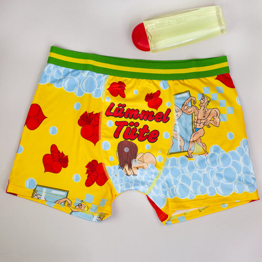 Lustige gelbe Boxershort Lümmeltüte mit Comic-Motiv und Schaumblasen