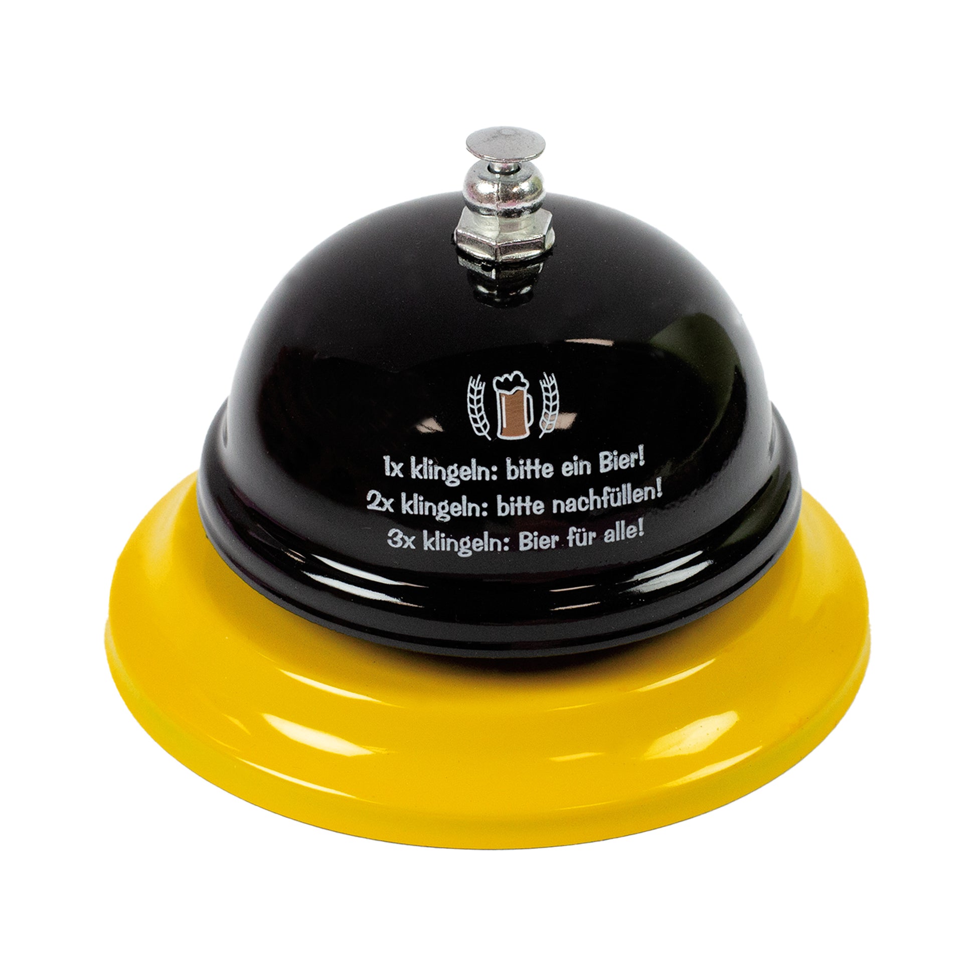 Detailansicht der Bier-Klingel in Schwarz-Gelb mit Sprüchen für verschiedene Klingel-Signale