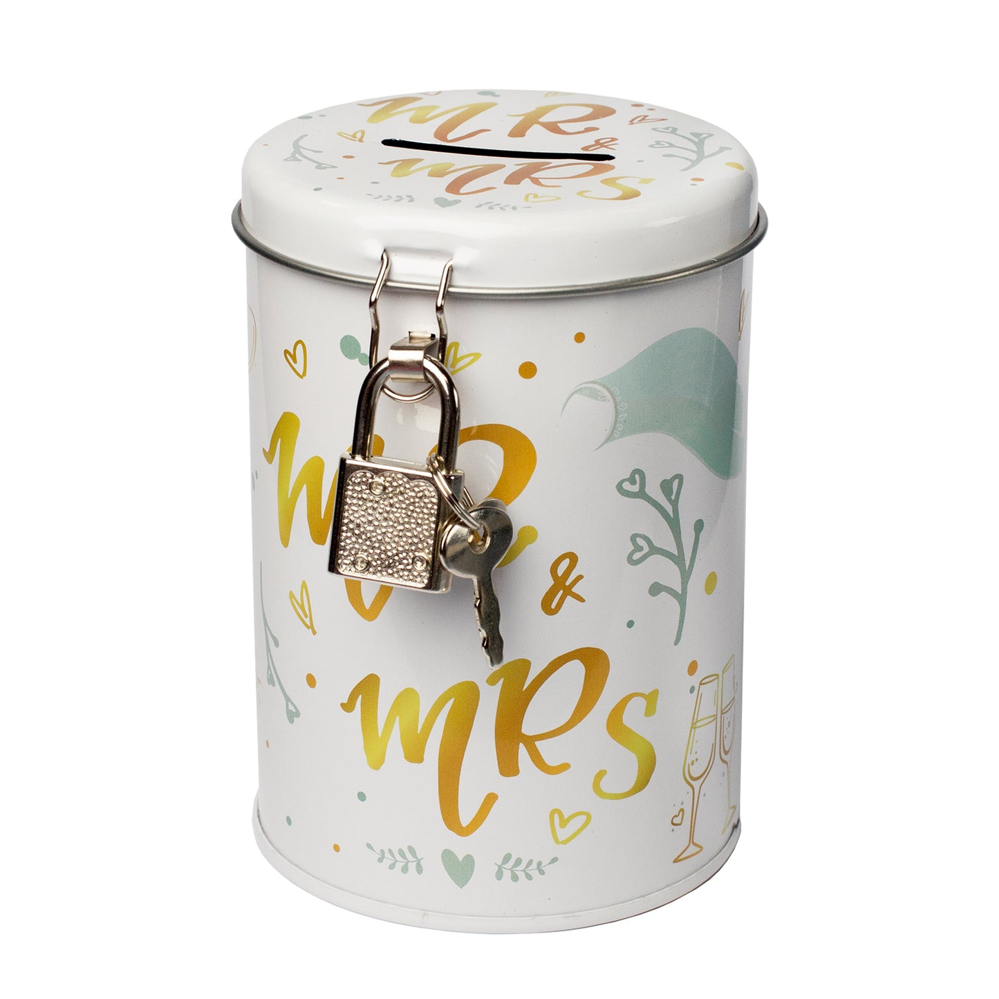 Weiß-goldene Metall-Spardose Hochzeit Mr. & Mrs. mit Schloss, freigestellt auf weißem Hintergrund