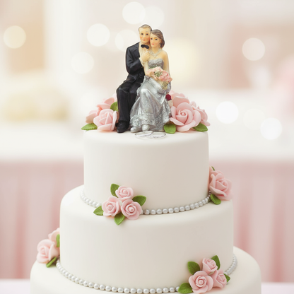 Hochzeitspaar sitzend Figur mit Bräutigam in Anzug und Fliege, Braut im silbernen Kleid mit Blumen, platziert auf Torte
