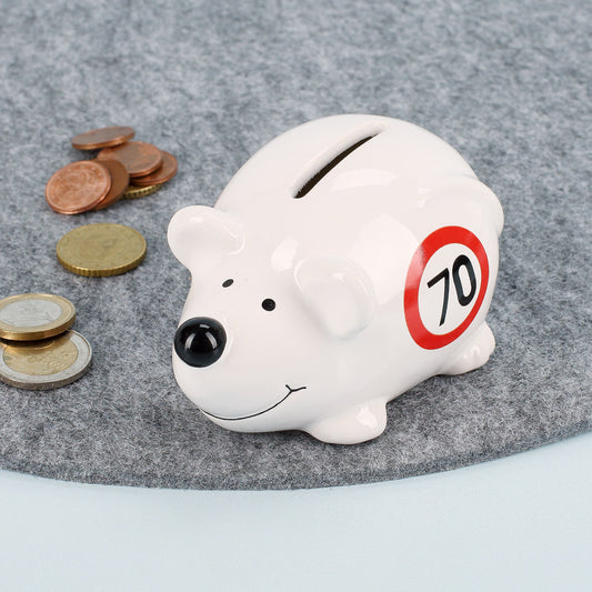 Kleine Spar-Maus in weiß zum 70. Geburtstag